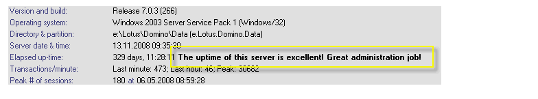 Image:Uptime of Domino Server 329 DAYS. Screen shot from Lotus Domino WEB ADMIN. ;)