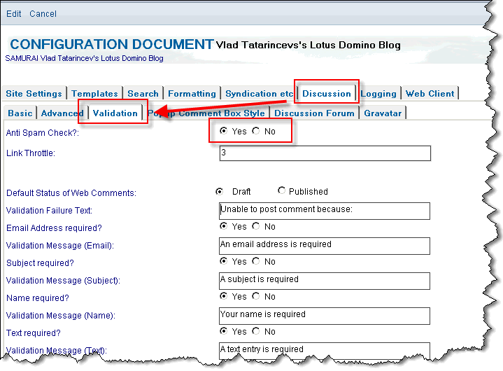 Image:Anti-SPAM features in a standart Lotus Domino Blog template