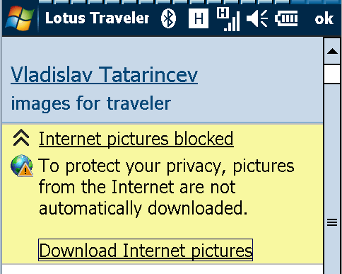 Image:Lotus Notes 8.5.1 client for Windows Mobile, solves old problem with Internet Pictures Blocked. To Protect your privacy, pictures from the internet are not automatically downloaded.